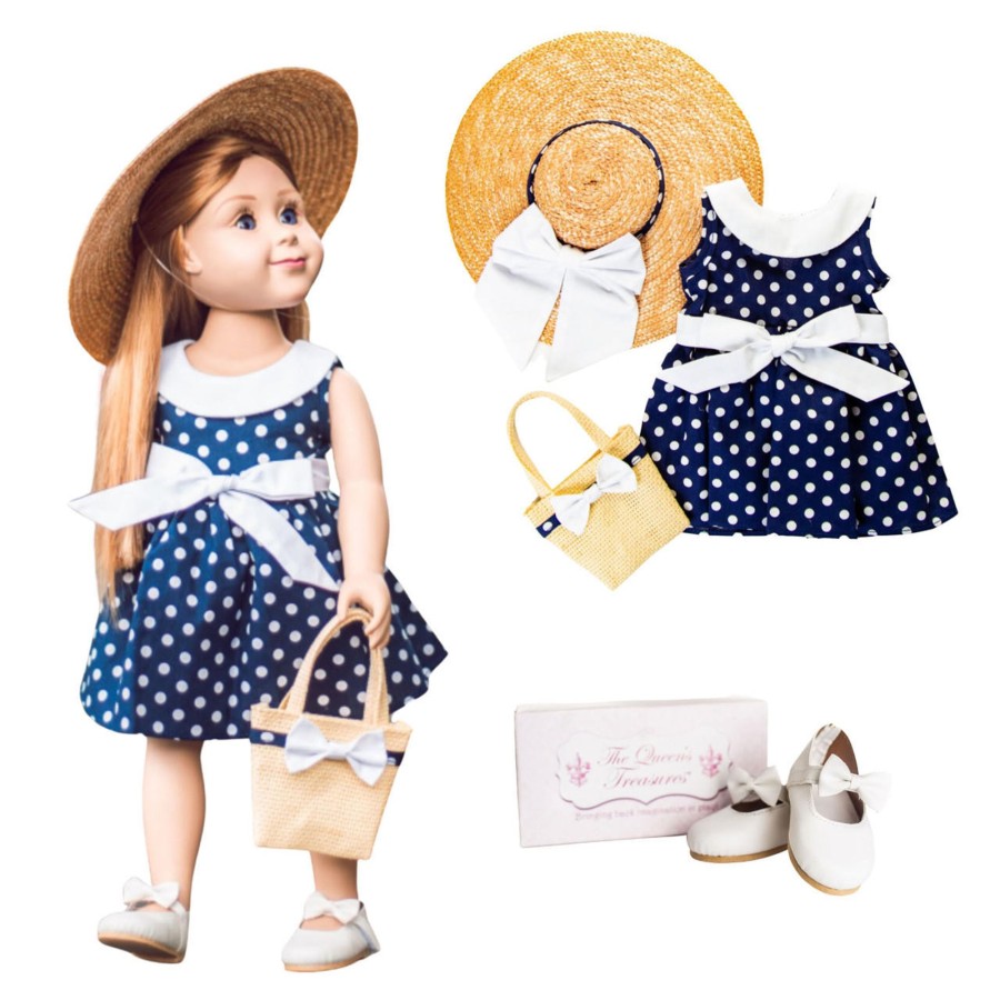 Combos The Queen's Treasures | Doll Blue Polka Dot Dress With White Bow Shoes Set For 18" Dolls