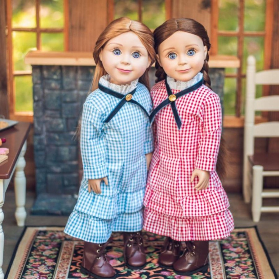 Doll Clothes The Queen's Treasures | Set Of 2 Little House On The Prairie Blue And Red Check Dresses, Clothes For 18 Inch Dolls