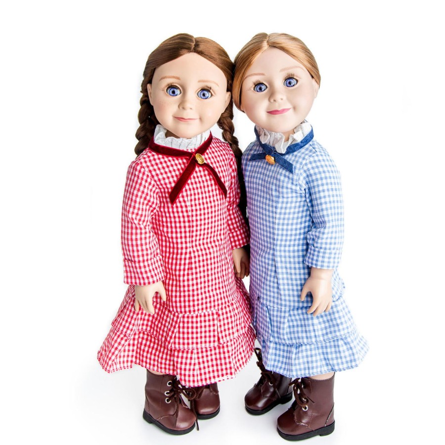 Doll Clothes The Queen's Treasures | Set Of 2 Little House On The Prairie Blue And Red Check Dresses, Clothes For 18 Inch Dolls