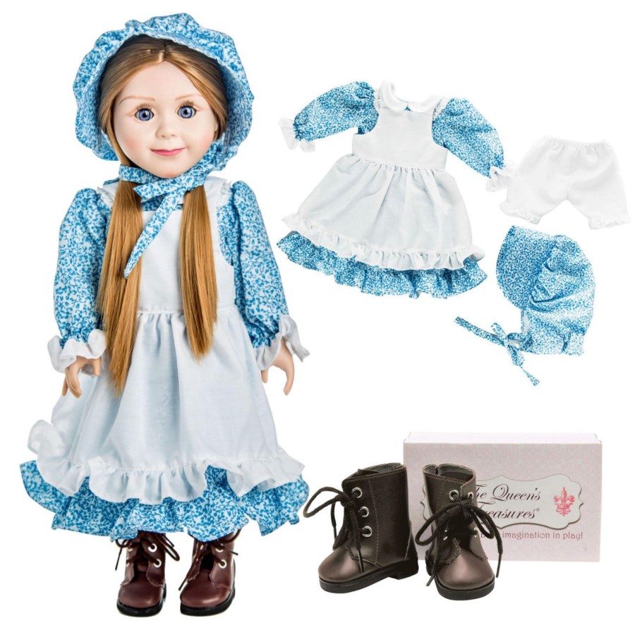 Combos The Queen's Treasures | Blue Calico Dress With Brown Lace Up Boots For 18" Doll