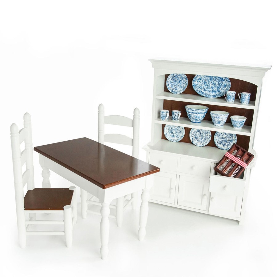 Doll Furniture The Queen's Treasures | Ships January 2024! 9 Pc 18 Inch Doll Farm Style Table & Chairs, Hutch, Dishes And Flatware